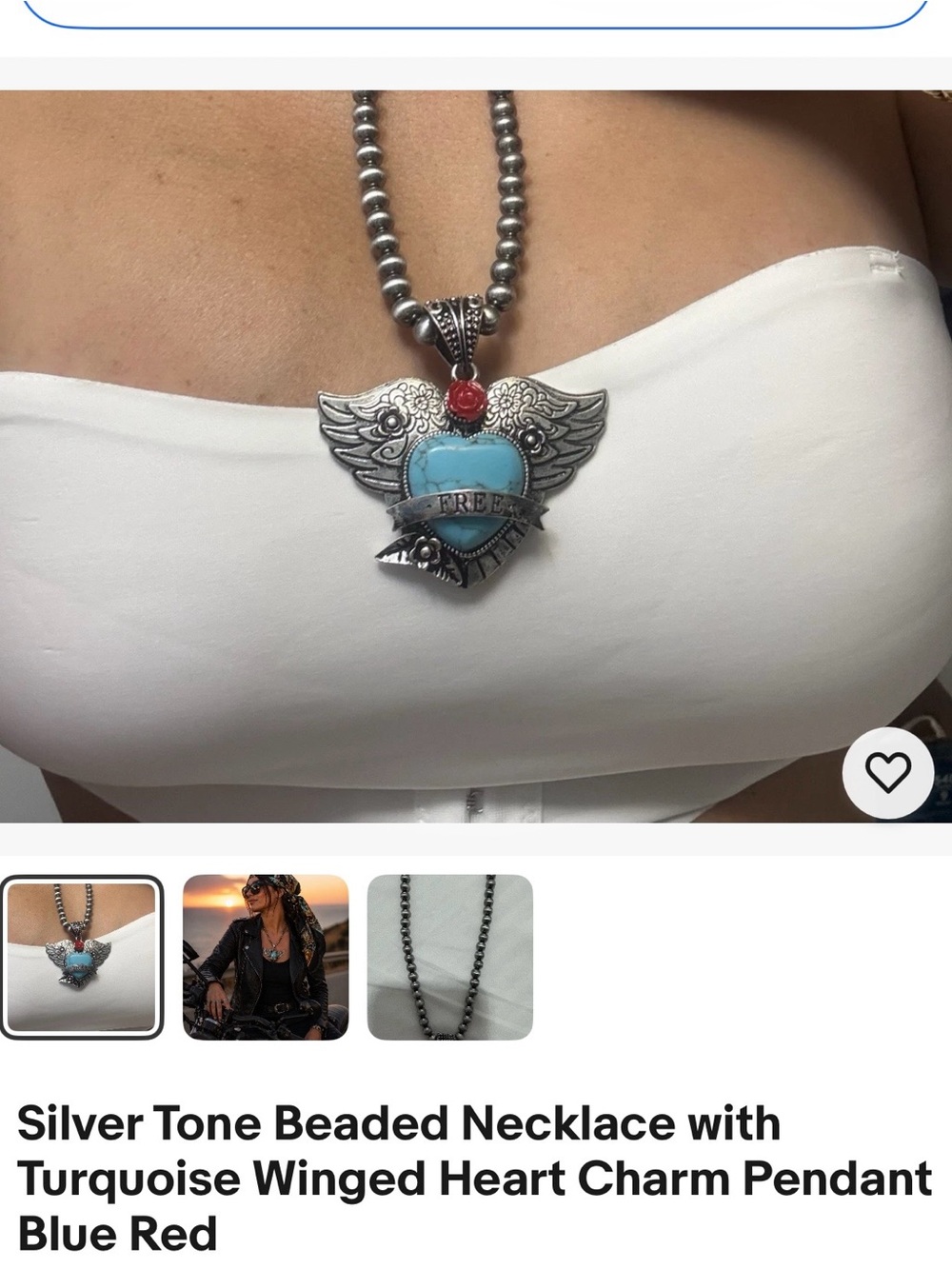 Turquoise and Red Winged Heart Pendant Necklace - Silver Tone